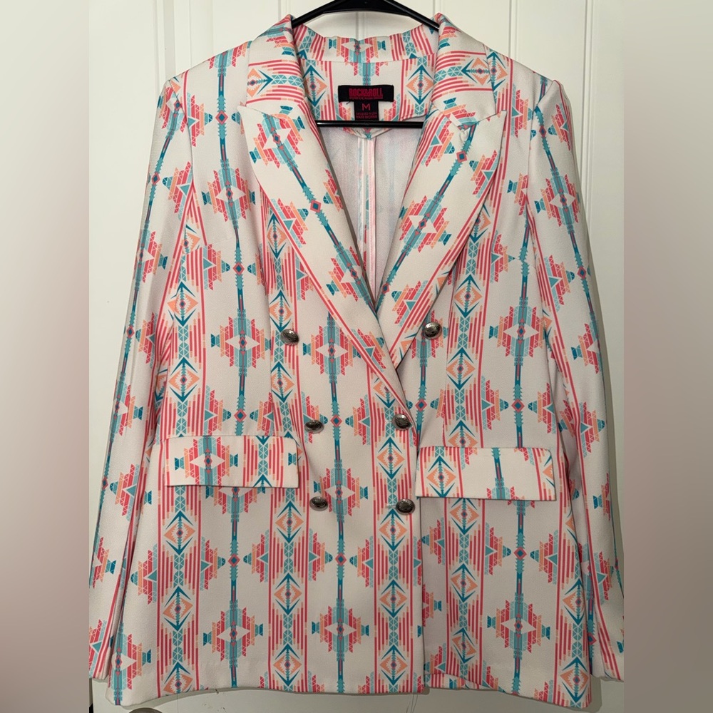 Rock & Roll Denim Women's Patterned Blazer - Coral and Blue - Picture 3 of 6